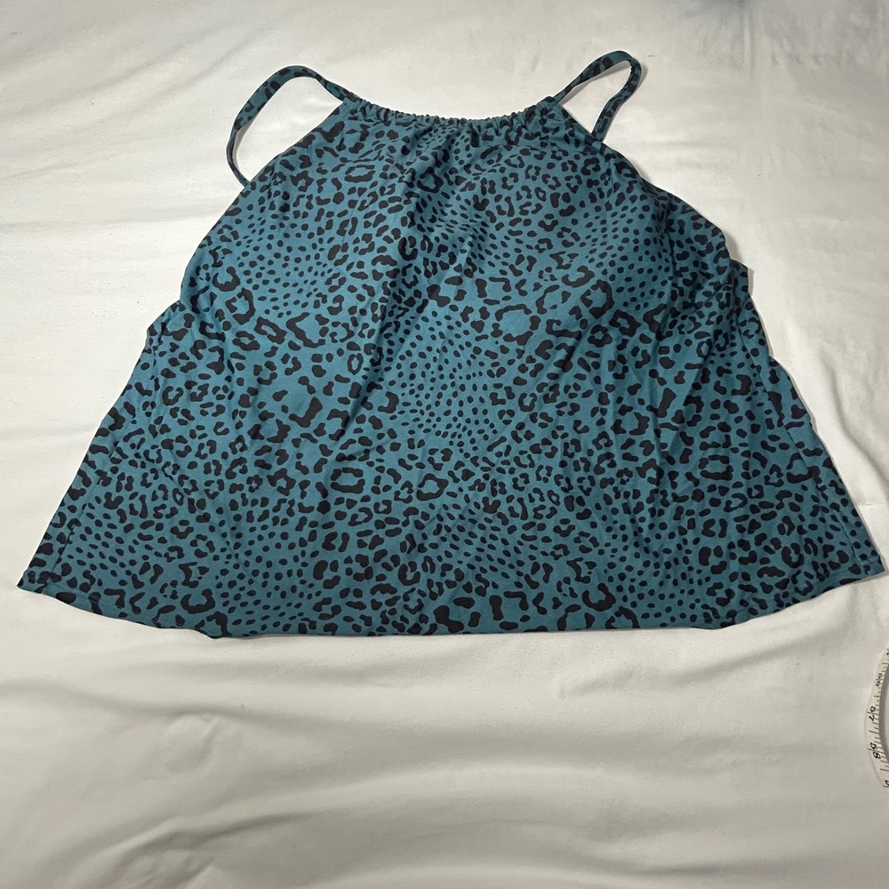 Kona Sol Womens 2X Teal Leopard Print High Neck Tankini Swim Top Adjustable